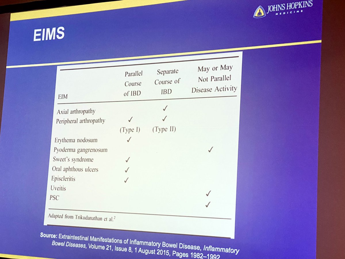 #IBD session <a href="/HopkinsGIHep/">Johns Hopkins Gastroenterology & Hepatology</a> X <a href="/CUSystem/">University of Colorado</a> Course

<a href="/SSharma___/">Sowmya Sharma</a> review EIM in #IBD

👌🏽Slides 👇🏽
🔺EIM vs EIComplications
🔺25% of EIM occur months before IBD dx
🔺RF: UC, colonic dis, 🚬, perianal CD
🔺Which ones parallel bowel🔥👇🏽