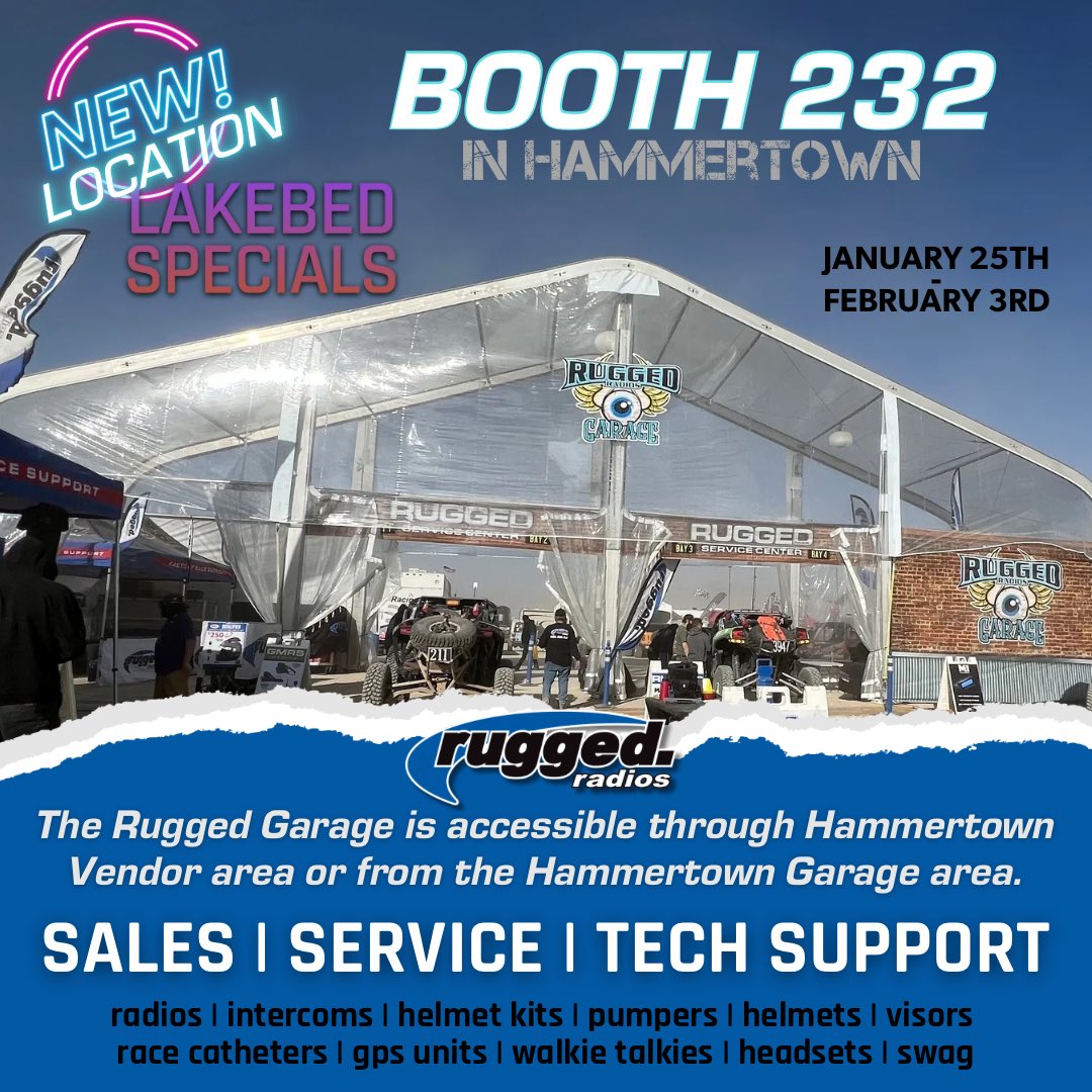 The Rugged Garage will be in Hammertown for King of the Hammers 2024nin a new location to serve our customers better! Look for us in booth 232!
✅Lakebed Specials are also online!
Shop now and save! 
Ruggedradios.com
#ruggedradios #koh2024 #ultra4 #racecar #racecar #utv