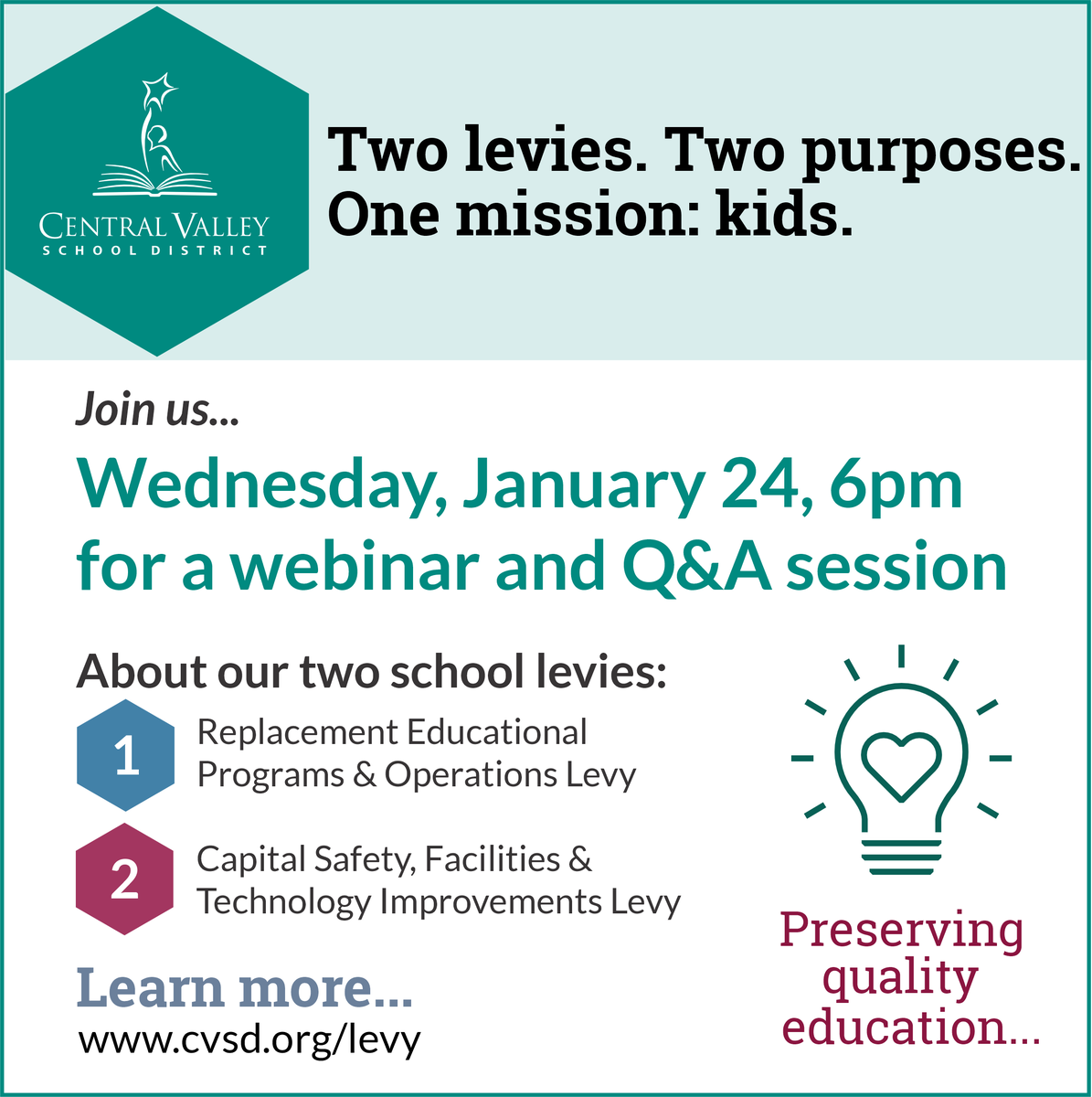 CVSDspokane's tweet image. Join us to learn about the two proposed school levies &amp;amp;  ask the superintendent questions. It's important to be informed &amp;amp; understand the impact of these levies on our students &amp;amp; Central Valley community.
You're an important part of our schools. Hope to see you there!