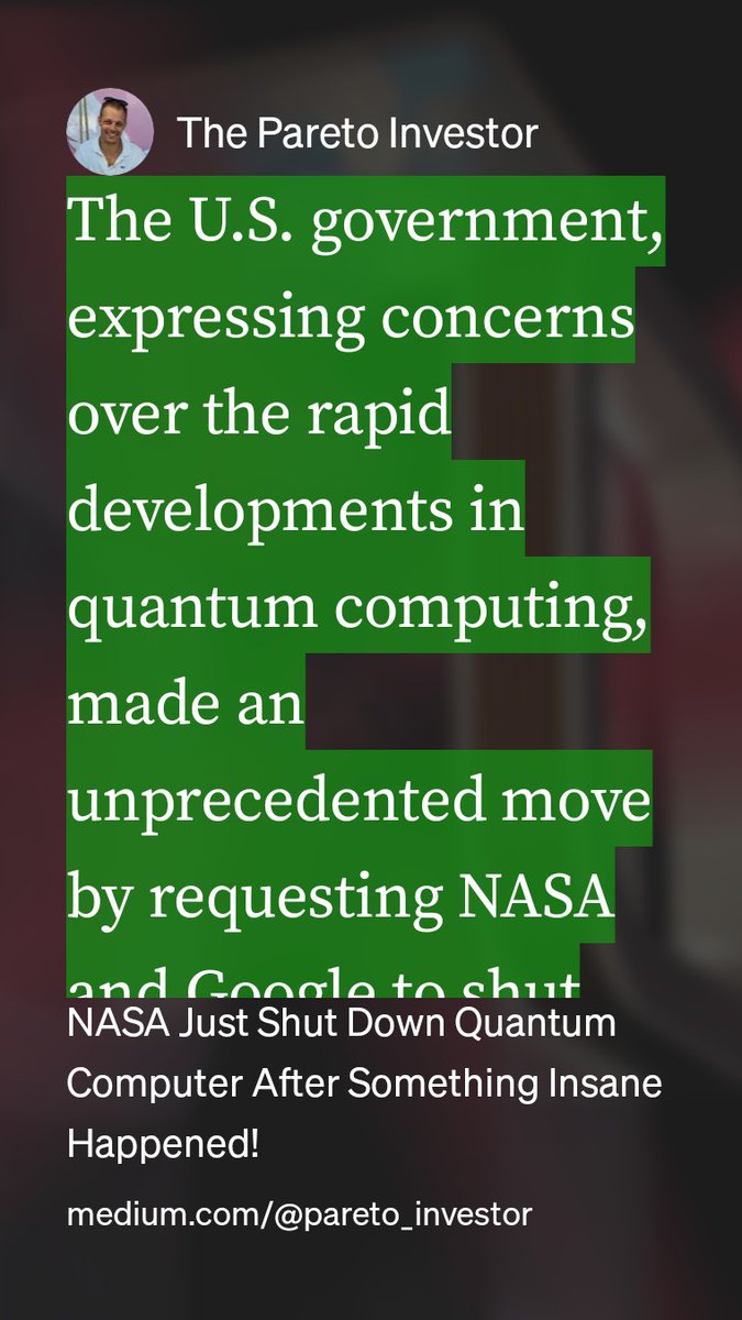 Compusure's tweet image. “The U.S. government, expressing concerns over the rapid developments in quantum computing, made an unprecedented move by requesting NASA and Google to shut down their quantum computer projects.“

Read this story from The Pareto Investor on Medium: medium.com/@pareto_invest…