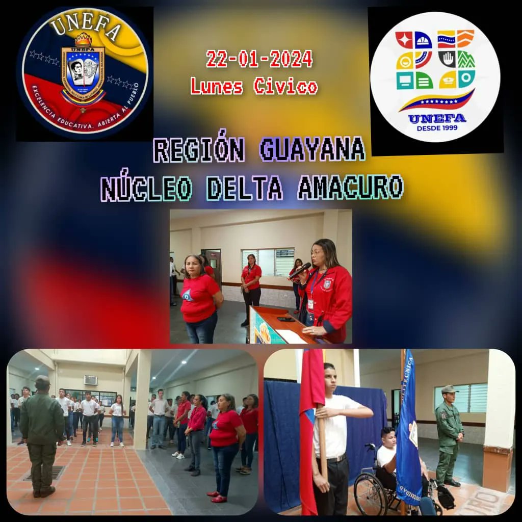 UnefaVrrGuayana's tweet photo. 2/2 🔁 ...los  núcleos Amazonas, Delta Amacuro y Bolívar, realizaron el Lunes cívico con la entonación de los Himnos correspondientes y la lectura de las efemérides.
@Unefa_VEN
@lexalmeida3
@NicolasMaduro
@sandraoblitasr
@unefamazonas01
@unefa_delta https://t.co/yIeHaPZrjI