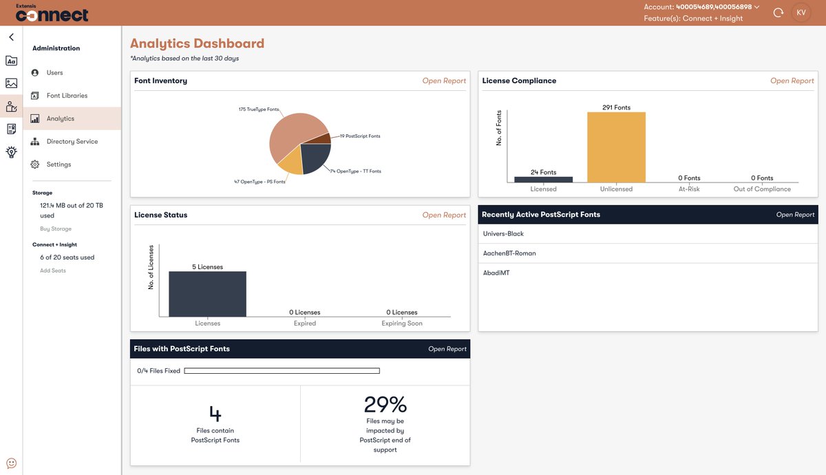 extensis's tweet photo. Connect’s analytics reporting: Your #font usage crystal ball! Manage fonts and their dastardly licensing risks. Take the tour to learn about hassle-free #fontmanagement with #Connect!
https://t.co/MitBExZKMj https://t.co/4vOH7B20cR