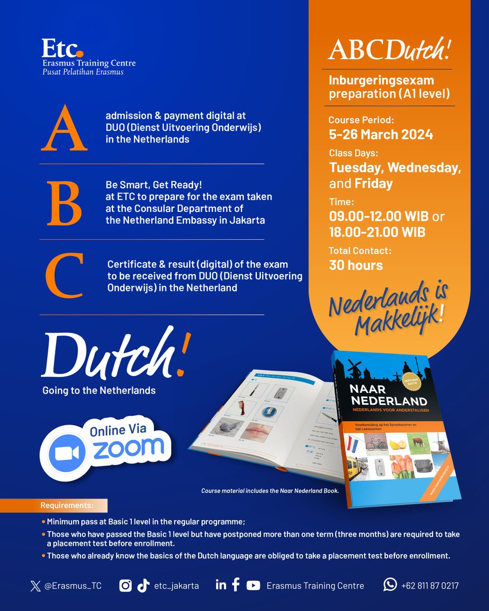 NEW ENROLLMENT: ABCDutch - Inburgeringsexamen ONLINE Preparation Course! 
.
Get ready to ace the inburgeringsexamen (A1 level) at the consular department of the Dutch Embassy in Indonesia with our specially designed preparation course.