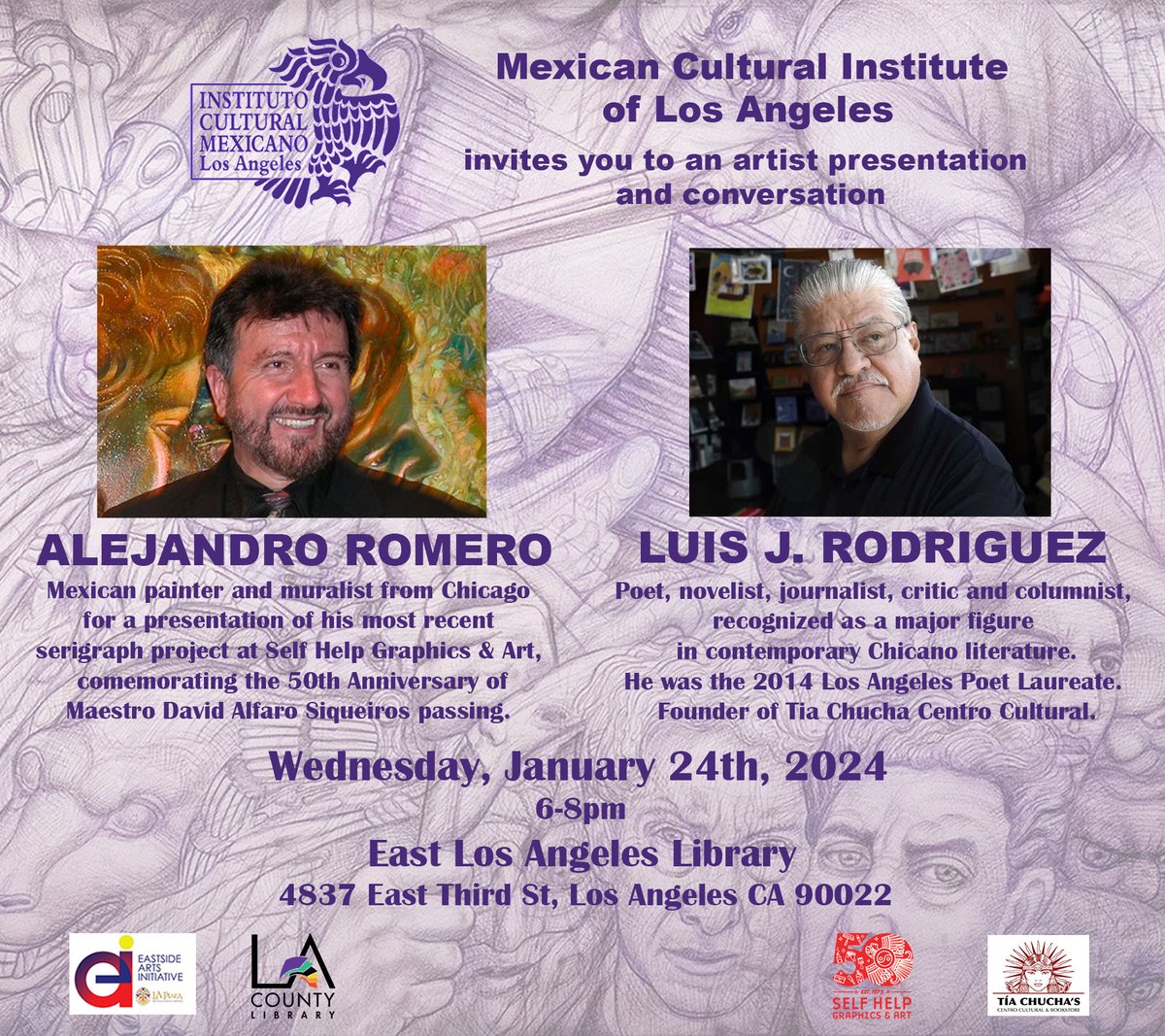 This Wednesday evening I'll be in dialogue with renown Chicago muralist Alejandro Romero at East Los Angeles Public Library at 6 pm. Please join us!