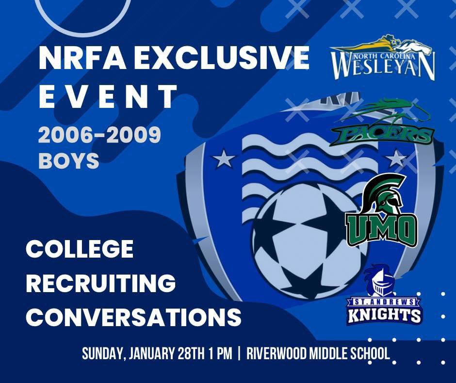 Exclusive NRFA Event | 2006-2009 Boys
College Recruiting Conversations

📅 Date: Sun, Jan 28 | ⏰ Time: 1:00 PM
📍 Location: Riverwood Middle School

Parents/Players please check TeamSnap for more information. See you at Team Camp!