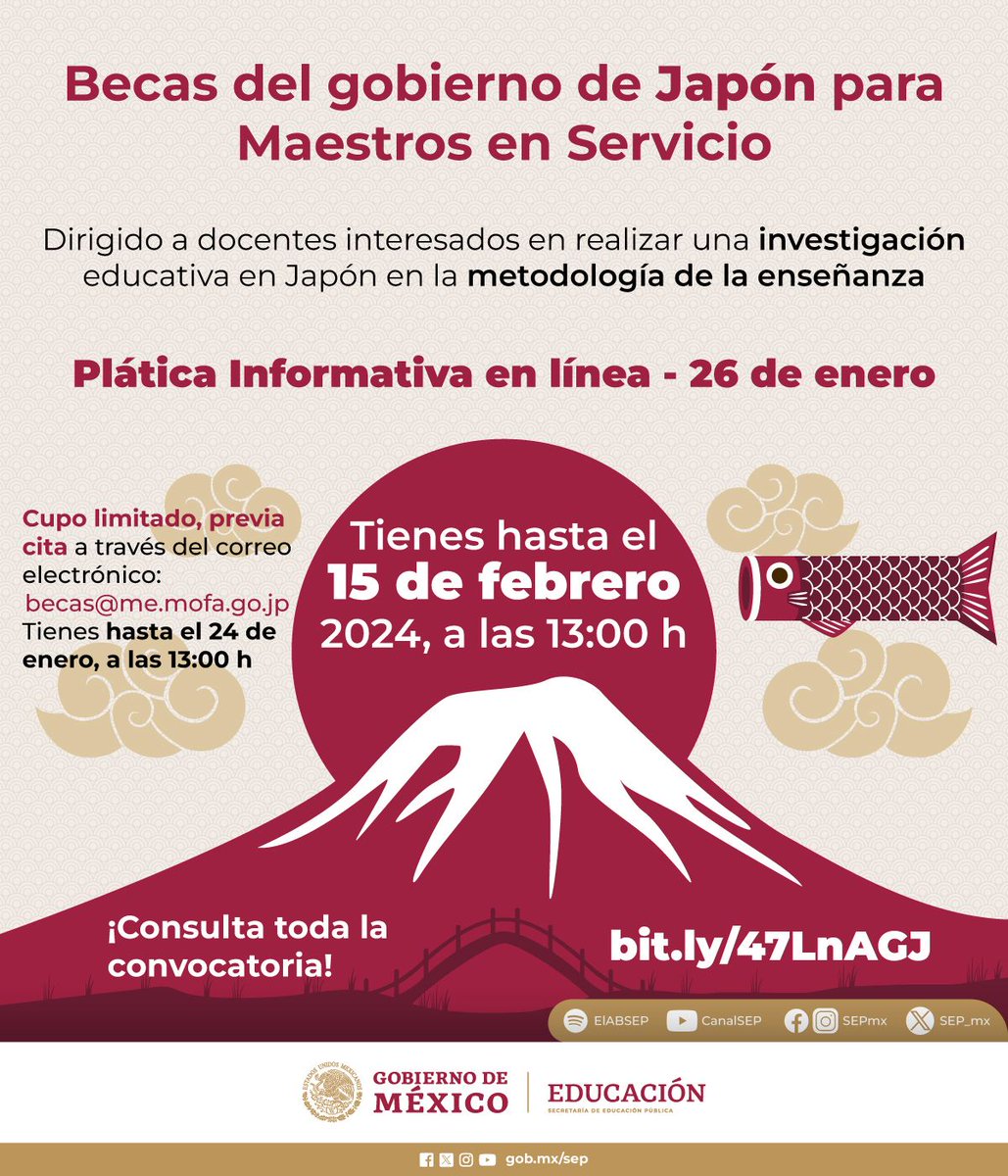 SEP_mx's tweet photo. Ya está disponible la convocatoria para la Beca del Gobierno de Japón para maestros en servicio.🇯🇵🇲🇽

Consulta los requisitos en: https://t.co/Z6x2iJzUuL https://t.co/OGwaav01hF
