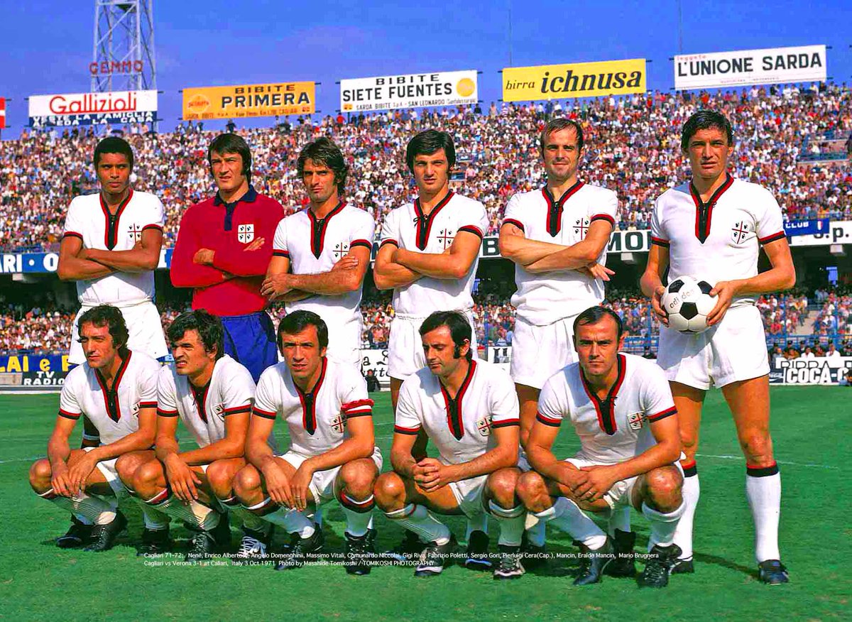 Cagliari71-72:Nené, Enrico Albertosii, Angelo Domenghinii, Massimo Vitali, Comunardo Niccolai, Gigi Riva, Fabrizio Poletti, SergioGori, Pierluigi Cera, Eraldo Mancin, Mario Brugnera 
Cagliari vs Verona3-1 at Cagliari,Italy 3 Oct 1971
Photo Masahide Tomikoshi/TOMIKOSHI PHOTOGRAPHY