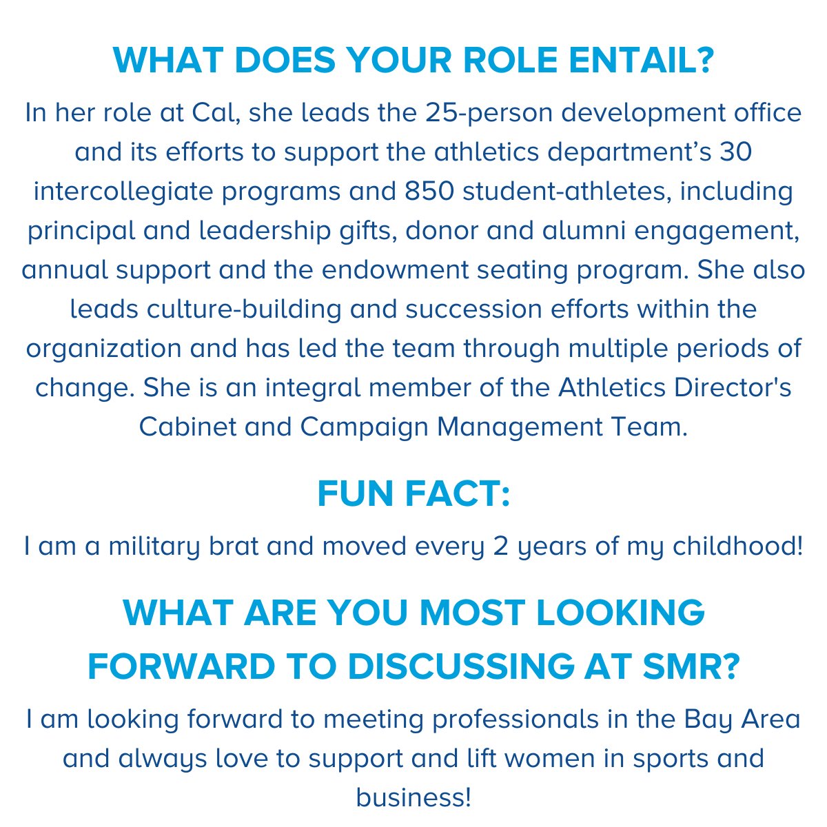 WISESFBayArea's tweet photo. Introducing our third mentor for Speed Mentoring Roundtables — @bethvoetsch from @calathletics!! 🐻💛💙
Join us on Jan 29th at the @usfsportmgt Office in SF. Don’t miss this event! 🎉
#SMR #WISEworks #mentoring #womeninsports #nationalmentoringmonth https://t.co/linAqm8A5F