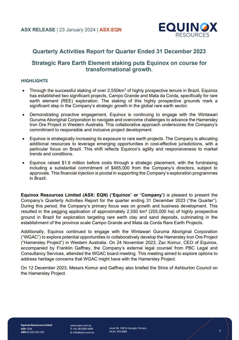Equinox is pleased to present its December 2023 Quarterly Report, during which it staked ~2,550sqkm of highly prospective tenure targeting #rareearth clay and sand deposits in #Brazil with plans to commence drilling in March 2024. ow.ly/1pzz50QtnGN $EQN #exploration #ASX