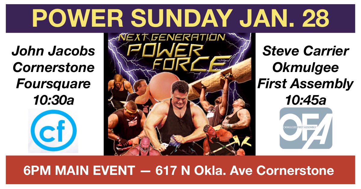 CornerstoneOK's tweet photo. Yes it’s the Power Force with John Jacobs and Steve Carrier. This will be a day to connect with people in a safe warm place. Plus, a time to laugh and be encouraged. Grab someone and we will see you here. #PowerSunday #nextgen #PowerForce #CSM #PowerUp  #cornerstone #breakingbats https://t.co/RSET2vd7Xk
