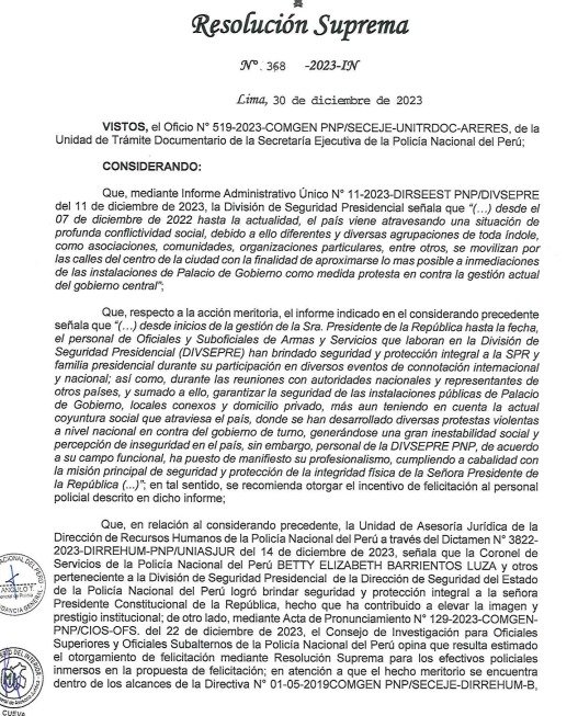 AlonsoRamosG's tweet photo. Lo último. Antes de jalada de pelo, presidenta Dina Boluarte y ministro Interior, Víctor Torres, felicitaron - con resolución- a escoltas presidenciales el 30 de diciembre último por cuidar al máximo a mandataria, lo que contribuyó a "elevar la imagen" de Policía. #OcurreAhora https://t.co/cYUgVF2gVK