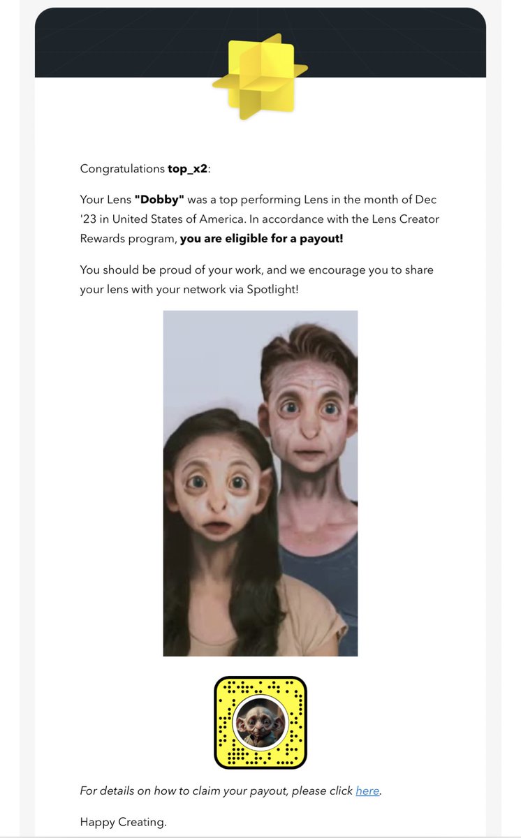 I am very happy that my lens: “Magic mirror” &amp;  “Dobby” 
won the Lens Creators Award for December, thank you <a href="/SnapAR/">Snap AR</a>