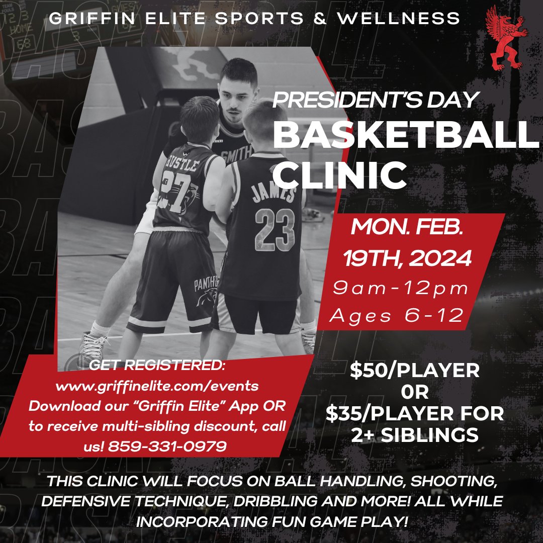 Only a few spots left for our President's Day Basketball Clinic!

Sign up using our app or call to reserve your spot.
apps.apple.com/us/app/griffin…