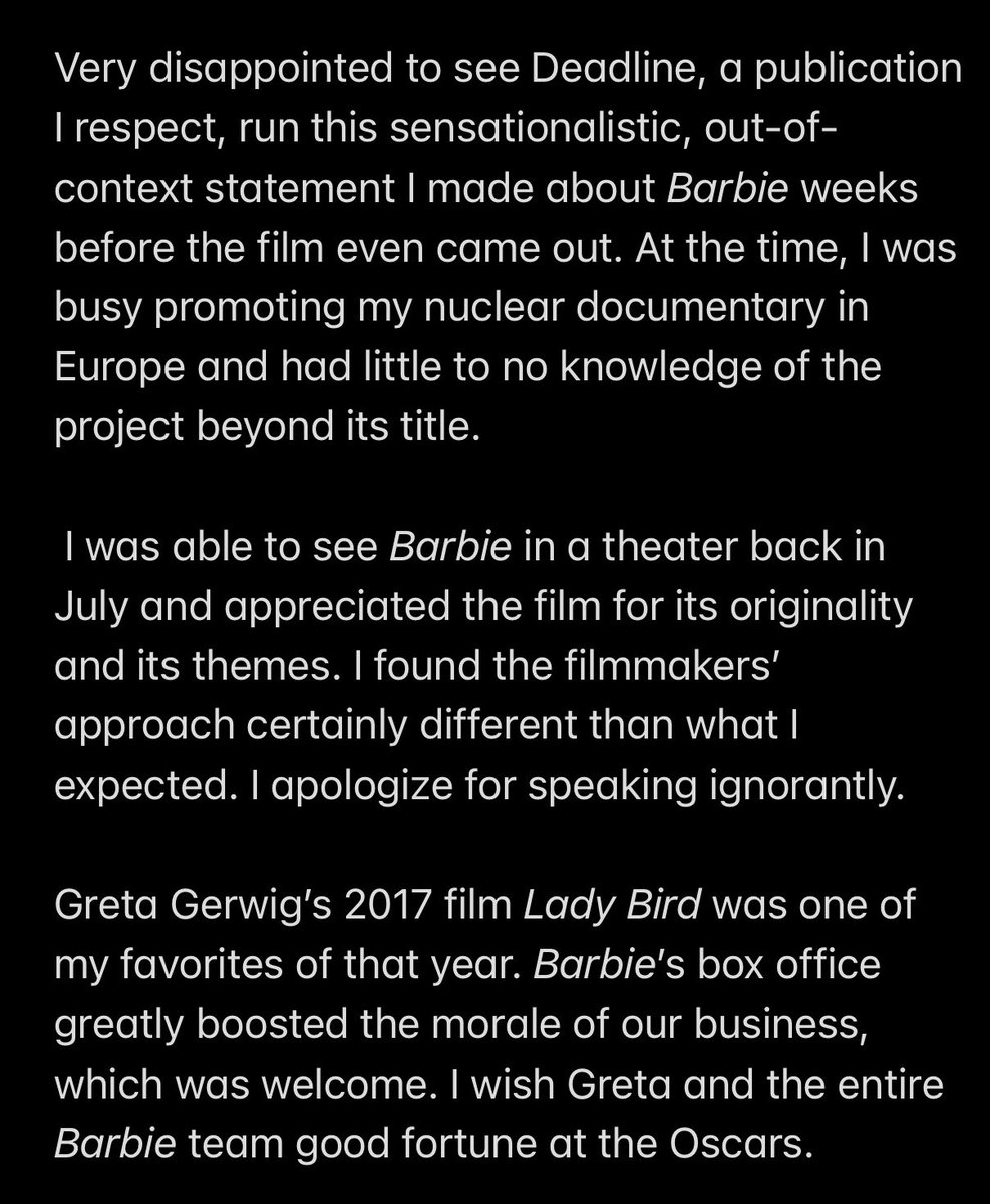 My statement on #Barbie — <a href="/DEADLINE/">Deadline</a> #GretaGerwig #BarbieMovie