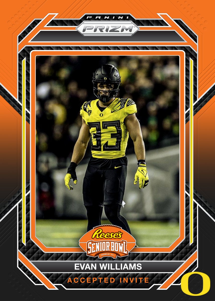 Reese's Senior Bowl (@seniorbowl) on Twitter photo OFFICIAL! DB Evan Williams <a href="/evan_williams32/">Evan J. Williams³²</a> from <a href="/oregonfootball/">Oregon Football</a> has accepted his invitation to the 2024 Reese's Senior Bowl! #GoDucks
#TheDraftStartsInMOBILE™️
@JimNagy_SB <a href="/PaniniAmerica/">Panini America</a> #RatedRookie OFFICIAL! DB Evan Williams <a href="/evan_williams32/">Evan J. Williams³²</a> from <a href="/oregonfootball/">Oregon Football</a> has accepted his invitation to the 2024 Reese's Senior Bowl! #GoDucks
#TheDraftStartsInMOBILE™️
@JimNagy_SB <a href="/PaniniAmerica/">Panini America</a> #RatedRookie
