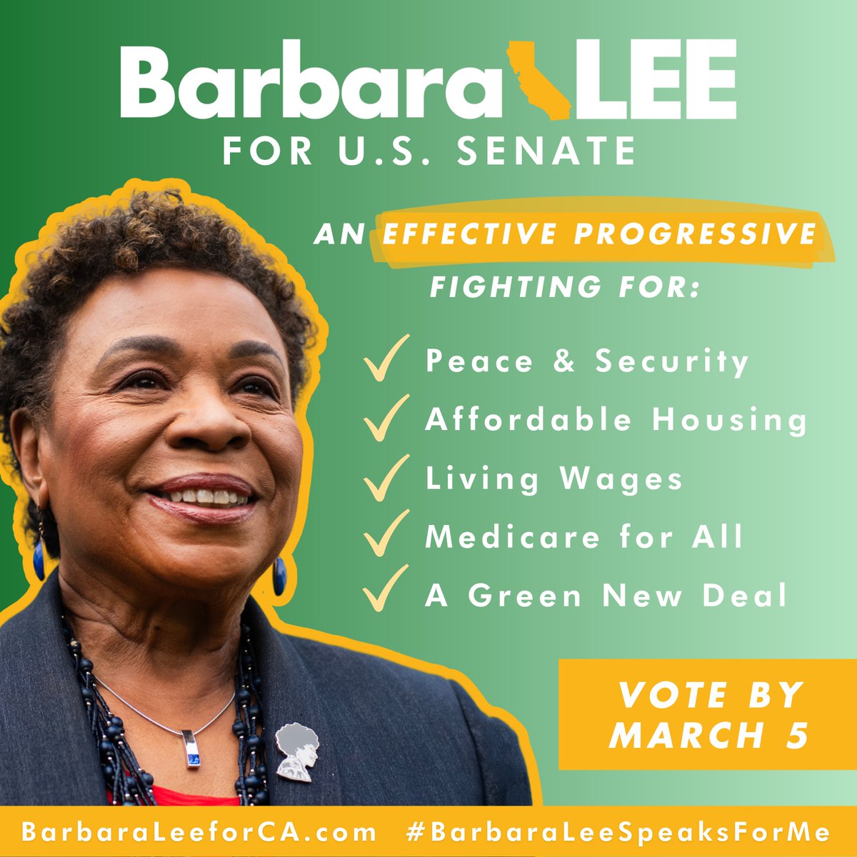 .@BarbaraLeeForCA had the vision to write America’s progressive agenda.

Now it’s time we give her the power to enact it.
 
#BarbaraLeeSpeaksForMe #CASenateDebate24 #SenateShowdown