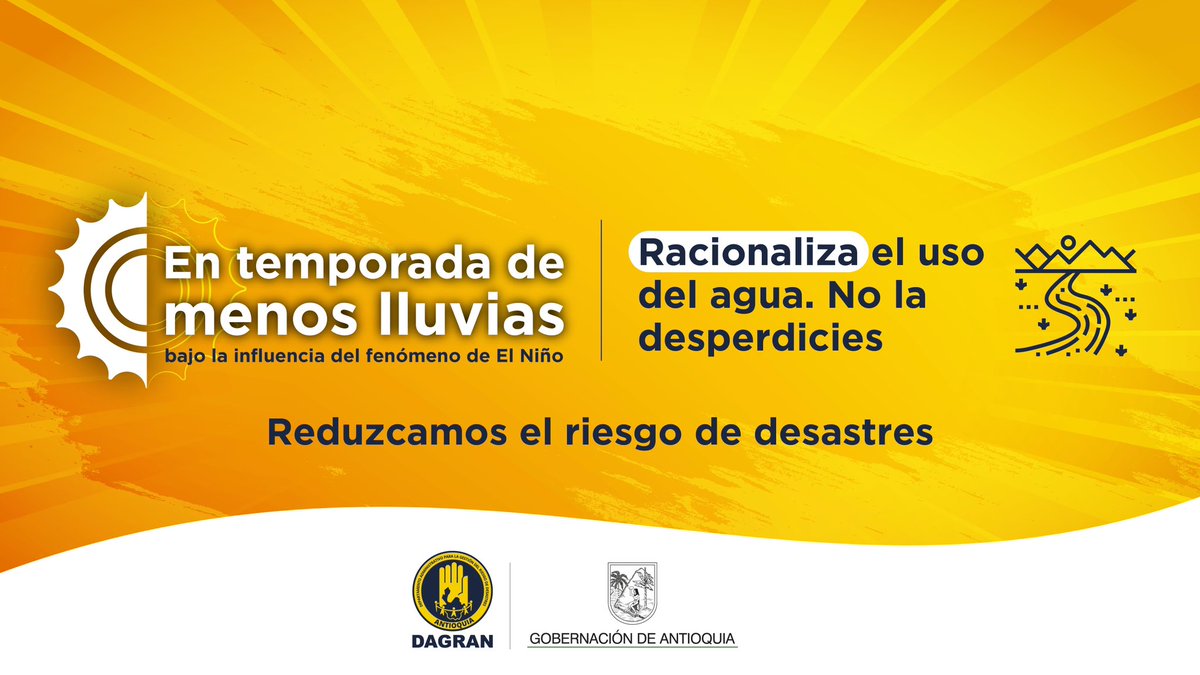 Gobierno de Antioquia realizará reunión extraordinaria con municipios que presentan escasez de agua asociado a la #TemporadaDeMenosLluvias. Desde el Dagran les recomendamos 

✅Activar estrategias de respuesta a emergencia y los planes de contingencia con vehículos carrotanques.