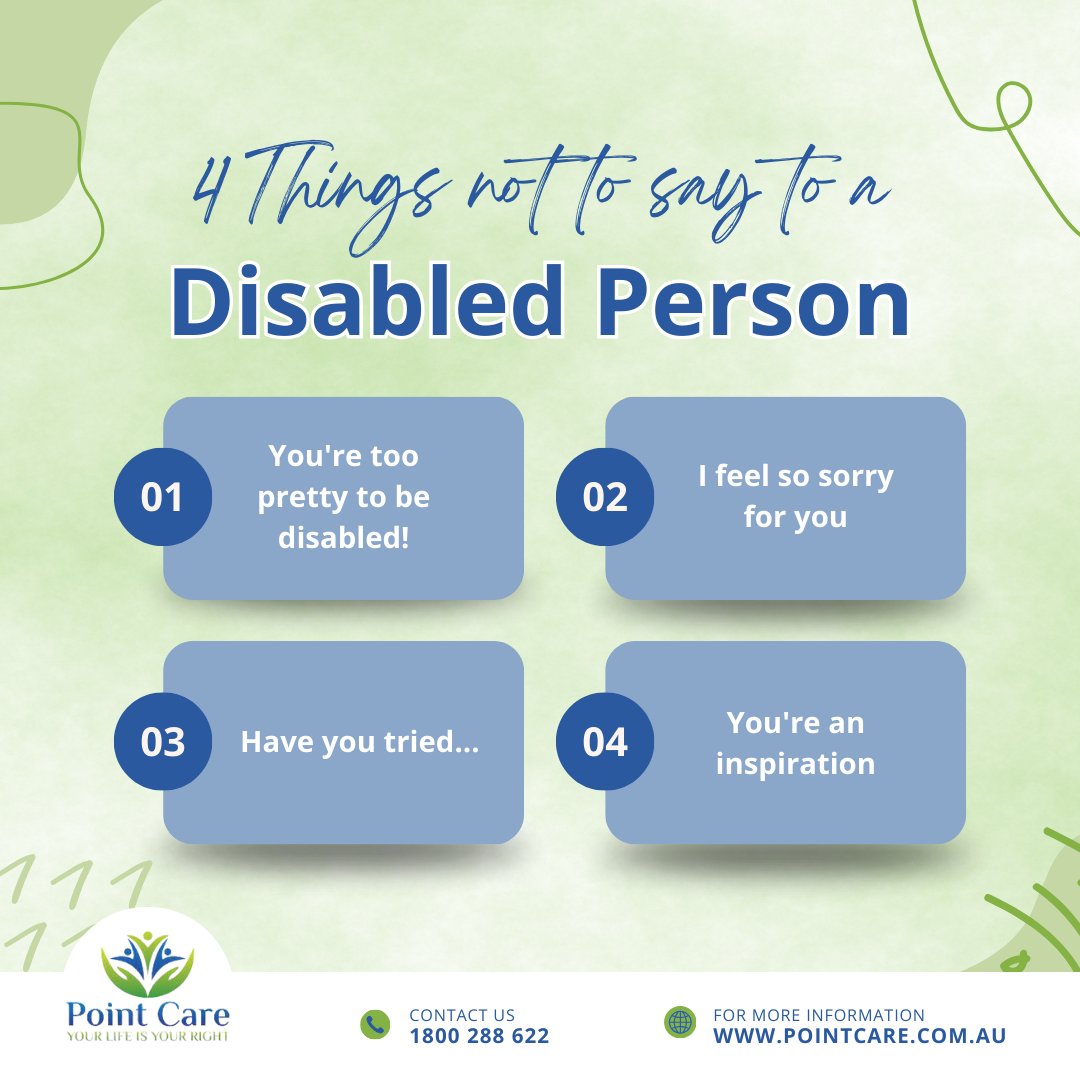 Let's break the barriers! Here are 4 things NOT to say to a disabled person. Let's promote understanding and respect. 💙 

#DisabilityAwareness #DisabilityRights #WordsMatter #Disability  #BreakTheStigma #RespectDifferences #InclusionMatters #PointCare