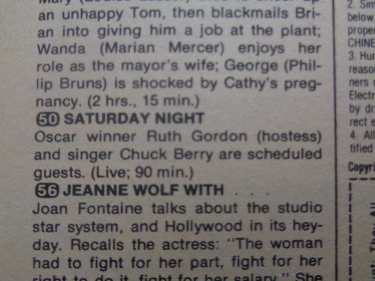 TV Listing of Yore: Ruth Gordon hosted 'Saturday Night Live' on NBC at 11:30PM EST with Chuck Berry as musical guest #OTD in 1977. #SNL