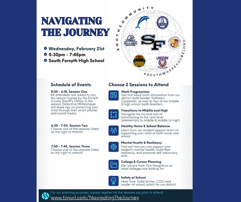 The South Forsyth Community vertical team is excited to host Navigating the Journey, a night for parents to learn about various topics, on Wednesday, February 21st.
To Register: tinyurl.com/NavigatingTheJ…