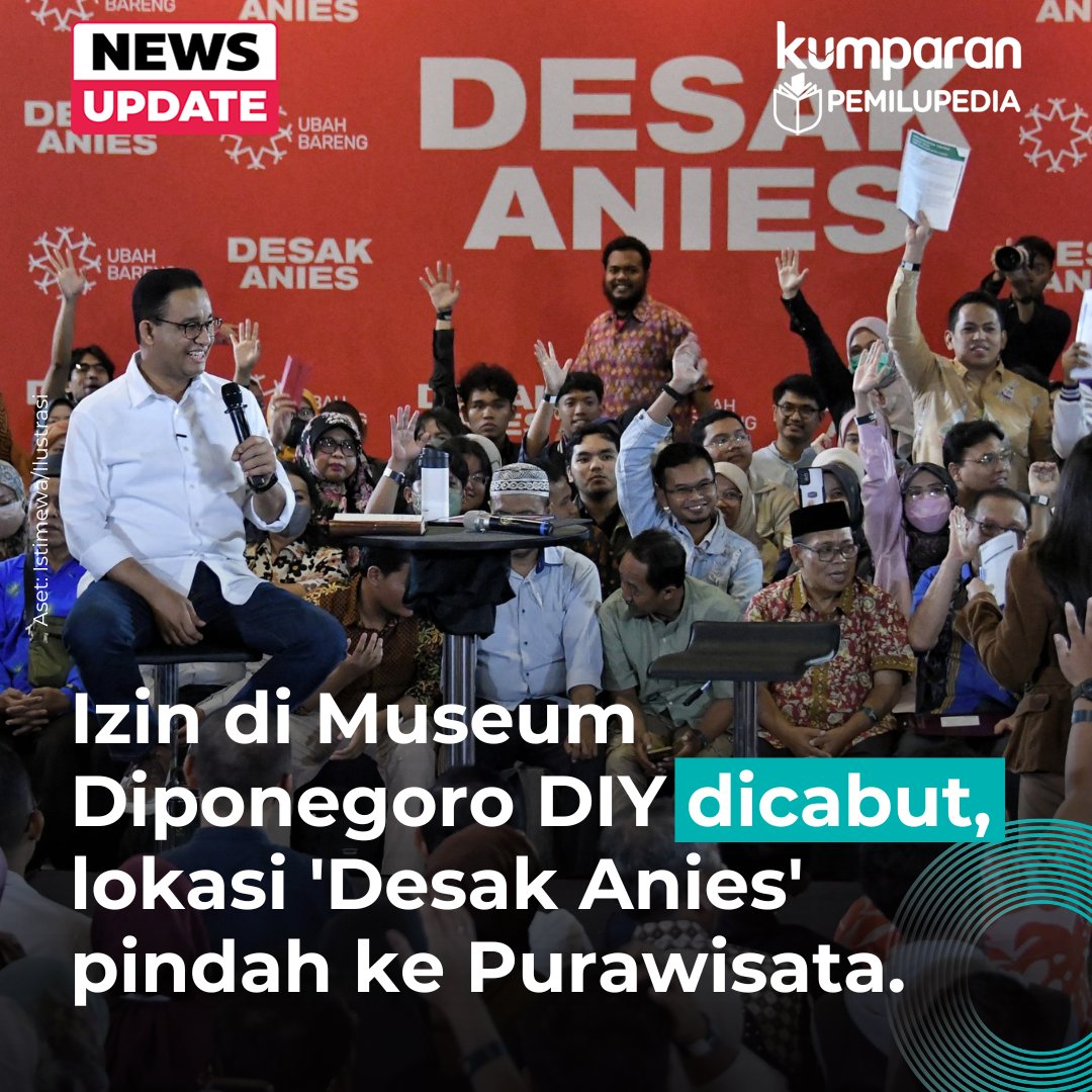Acara Desak Anies di Museum Diponegoro DIY pada Selasa (23/1) batal karena izin dicabut. Terbaru, panitia telah menemukan tempat baru untuk acara 'Desak Anies' yakni di Purawisata. #pemilupedia #newsupdate #update #news #oneliner bit.ly/3Oa01QX