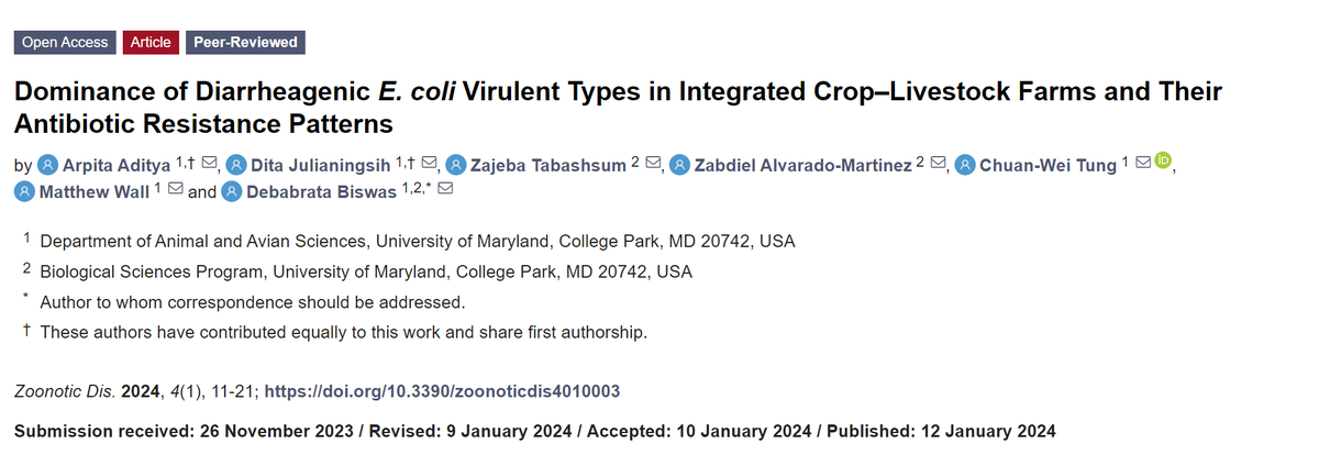 New publication🥳: Dominance of Diarrheagenic E. #coli Virulent Types in Integrated #Crop–Livestock Farms and Their #antibiotic Resistance Patterns @UofMaryland mdpi.com/2813-0227/4/1/3