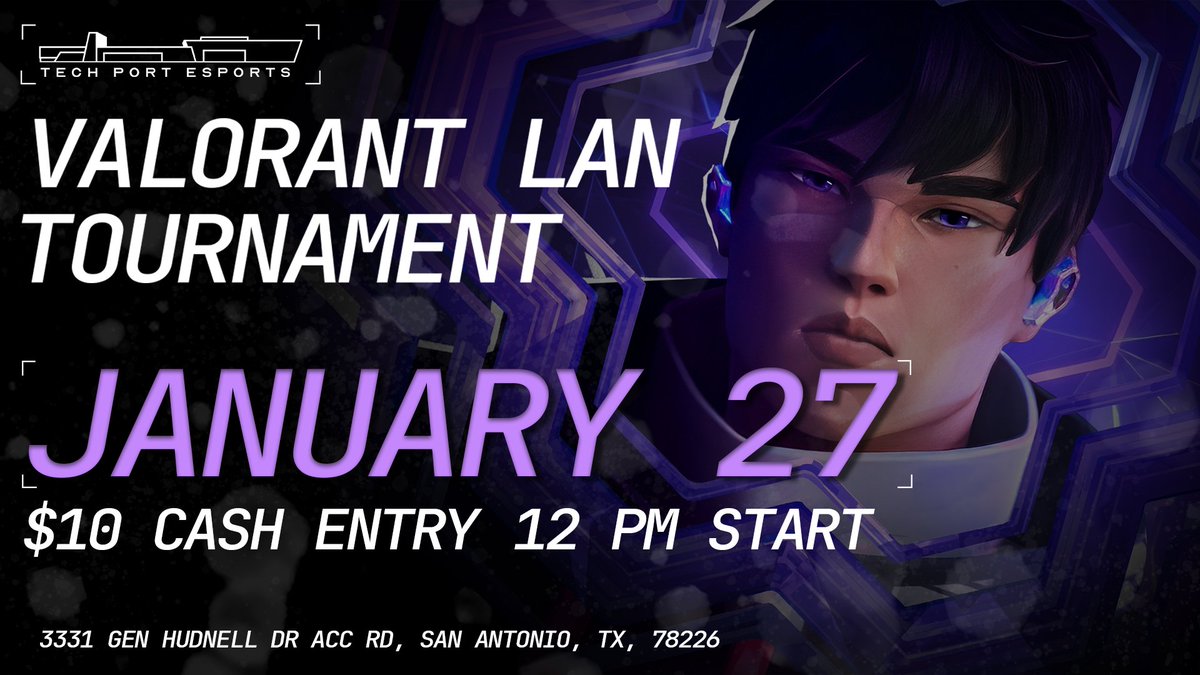 TechPortEsports's tweet photo. Join us on Sat, January 27th, for the first Valorant LAN Tournament of 2024! 

💵$10 Cash entry
💰Cash payout!
🕛12 p.m. Signups taken at the door. 
🤞Premades/solos/duos welcome! See ya there

#gaming #esports #sanantonio #valorant #cashprizes #tournament https://t.co/4BRtlEFoYr