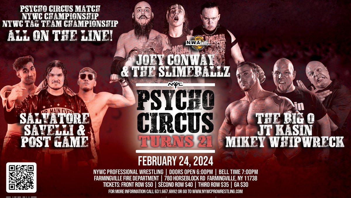 The main event for the Psycho Circus has been officially been announced. For the first time ever the match will consist of 3 teams of 3 and both NYWC Championship/Tag Team Championships will be on the line! Feb 24th- tickets at nywcprowrestling.com #WWERaw    #wwe #aew