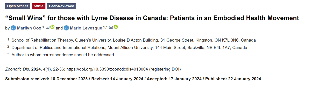 New publication 🥳“Small Wins” for those with #Lyme Disease in Canada: Patients in an Embodied Health Movement @MountAllison @QueensSRT mdpi.com/2813-0227/4/1/4
