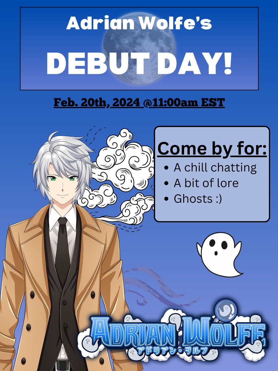 Polterguys, it is time! 🔍👻

On Feb. 20th, at 11:00am EST, The Wolfe Detective Agency's doors will finally open! May the Azure Moon guide you!

I am super excited to start this journey with you, and I hope you are as well!
#VtuberDebut #VTuberUprising #Wolfefolio