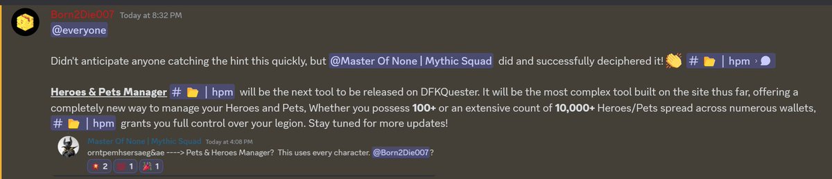 DFKQuester's tweet image. Heroes &amp;amp; Pets Manager #HPM is the next tool for DFKQuester, A Discord channel member has successfully deciphered the hidden clues. Join now to ensure you don't miss any updates!

@DeFiKingdoms 

dfkquester.app/discord