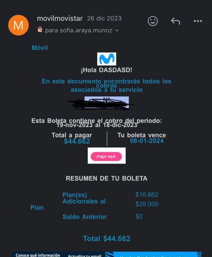 RubStella's tweet photo. @MovistarChile @AyudaMovistarCL acá en su boleta, no aparece  nombre, lo que tengo asociado al Rut es la palabra “DASDASD”, hasta cuando nos tramitan para arreglarlo ? Necesito urgente la regularización esto,  es ridículo nadie soluciona @SERNAC https://t.co/IiQfRpiwMq