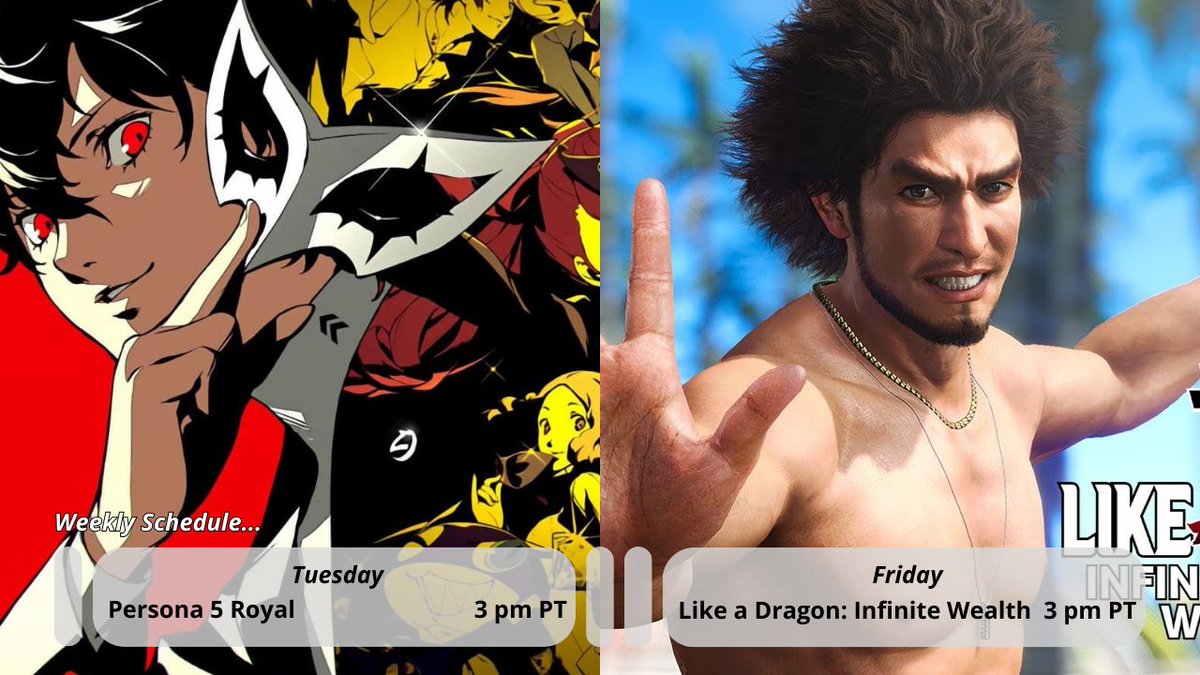 It's RPG week on Twitch.tv/Gameonysus.
Tuesday: Persona 5 Royal at 3 pm PT
Friday: Like a Dragon: Infinite Wealth at 3 pm PT

see y'all then!