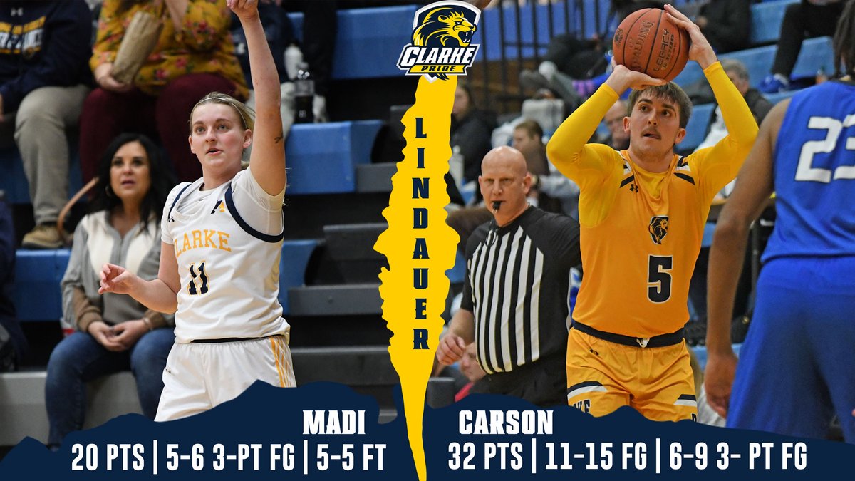 Clarke Pride Athletics (@clarkeathletics) on Twitter photo It was a good day to be a Lindauer in the Kehl Center tonight!
Madi & Carson combined for 52 points on 76.2% shooting and 11 3-pointers for <a href="/ClarkeWBB/">Clarke Pride Women's Basketball</a> & <a href="/ClarkeMBB/">Clarke Pride Men's Basketball</a>!
#ClarkePride It was a good day to be a Lindauer in the Kehl Center tonight!
Madi & Carson combined for 52 points on 76.2% shooting and 11 3-pointers for <a href="/ClarkeWBB/">Clarke Pride Women's Basketball</a> & <a href="/ClarkeMBB/">Clarke Pride Men's Basketball</a>!
#ClarkePride