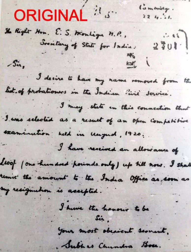 ParveenKaswan's tweet image. On April 22, 1921 #SubhashChandra #Bose resigned from Indian Civil Service to participate in Freedom struggle. For a greater cause. 

He was 24 years old then. His original resignation letter. Remembering Netaji on his birth anniversary.