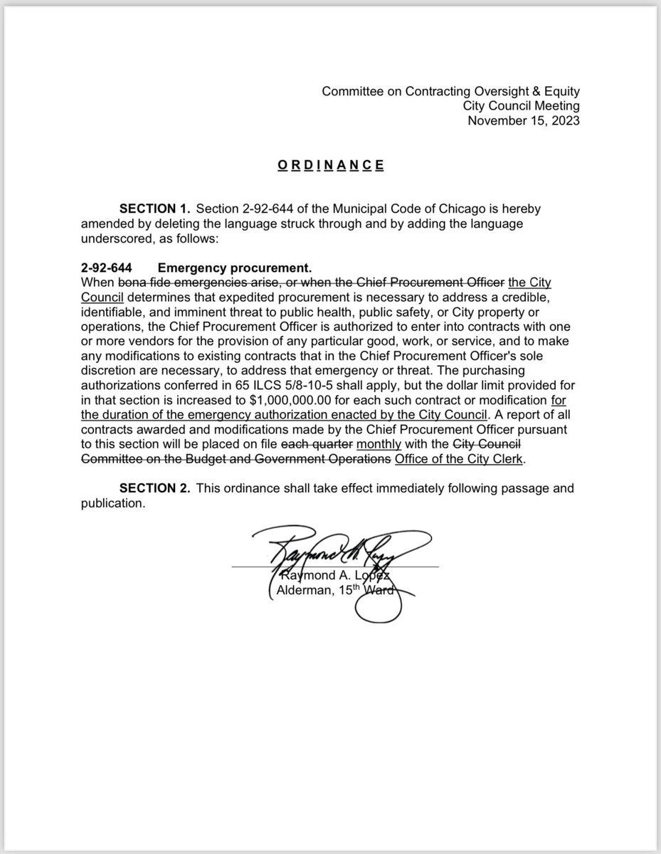 The ordinance I introduced applies to ALL emergency authorizations, including Lightfoot’s “Migrant Inflow” EO2023-2 which <a href="/ChicagosMayor/">Mayor Brandon Johnson</a> is using to avoid oversight or accountability in spite of the order’s requirements. Johnson allies sent it Rules. Expect the same Wednesday!