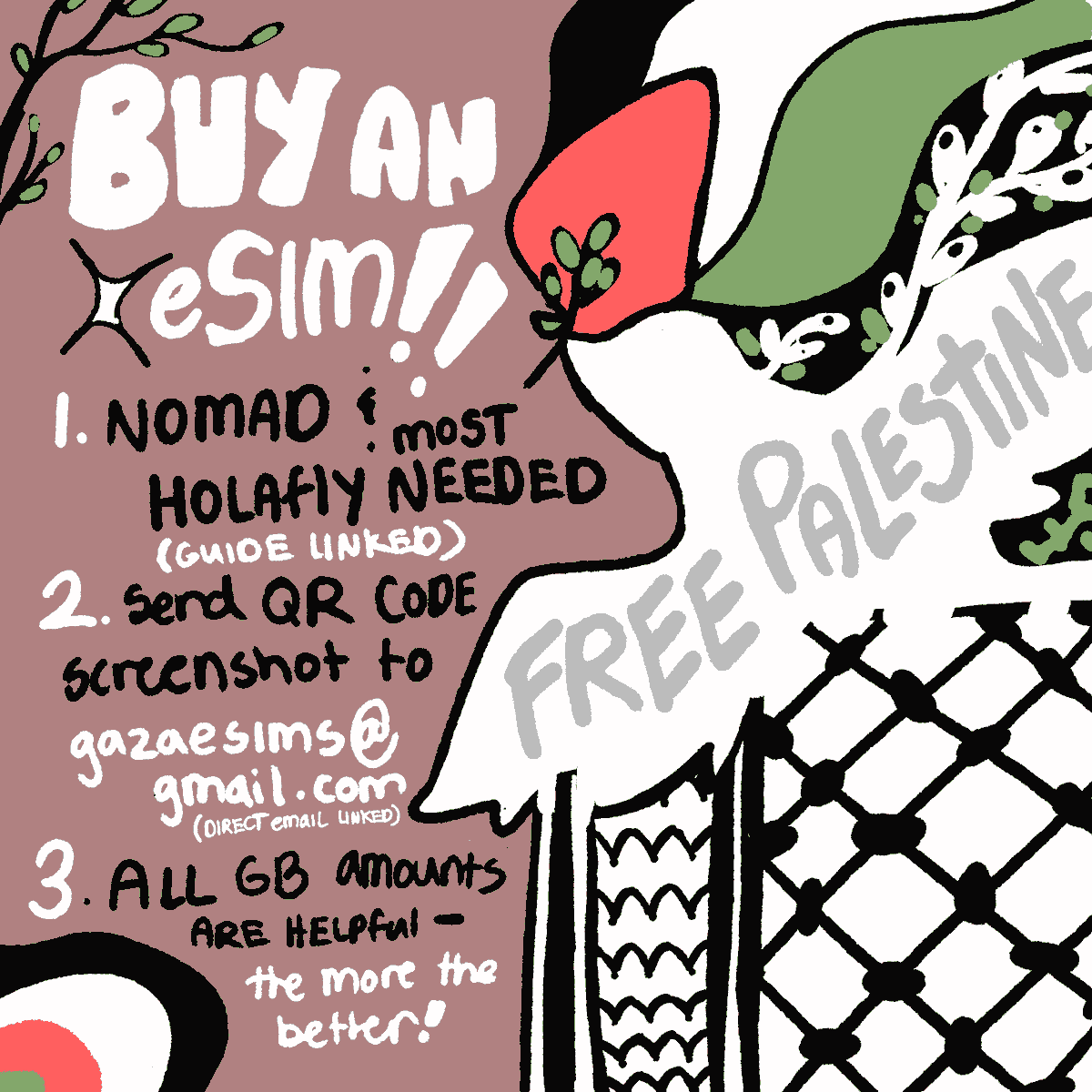 eSIMs are still needed! 🍉 instructions can be found on gazaesims.com (both on site and their linked zine) and then sent to gazaesims@gmail.com - NOMAD and Holafly are most requested as of 1/22