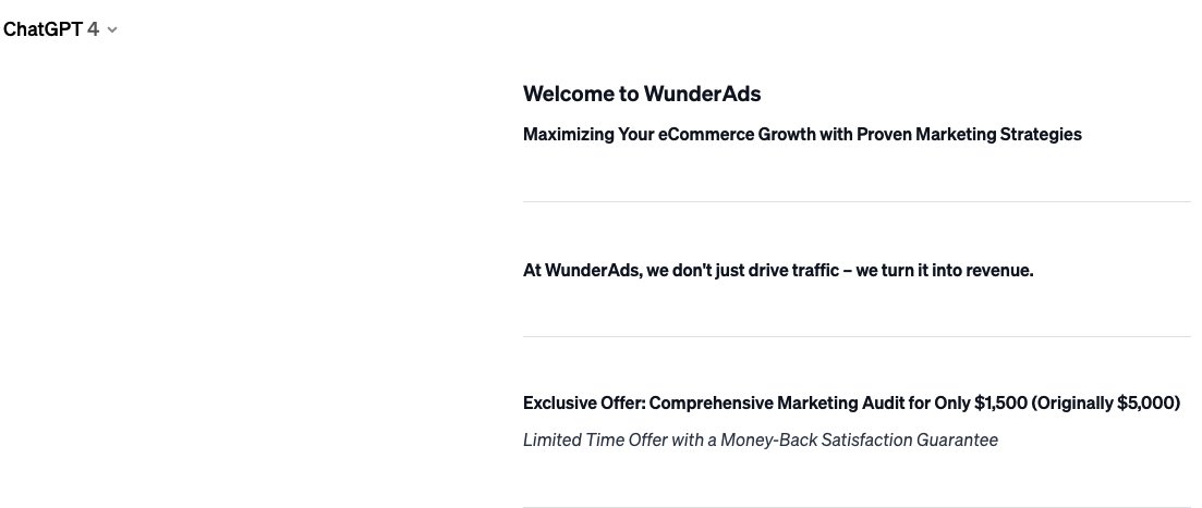 MarcoGrishaber's tweet photo. Today, I started working on a new offer we would like to test for the WunderAds agency using ChatGPT 4.0.

I was thinking about how to make this process simple, so I asked the following prompts:

1. I want to draft a new offer and create a landing page. Can you ask me the right questions to come up with the copy?

After ChatGpt came up with a structured list of questions, I then prompted:

2. Can you ask me those questions piece after piece so I can reply and you can create the landing page copy?

After some processing time and a little follow-up from my side, it came out with an interesting outline. Certainly, this is not perfect, but I found some bits and pieces I can ponder.

What was your recent ‘Aha’ moment using ChatGpt?