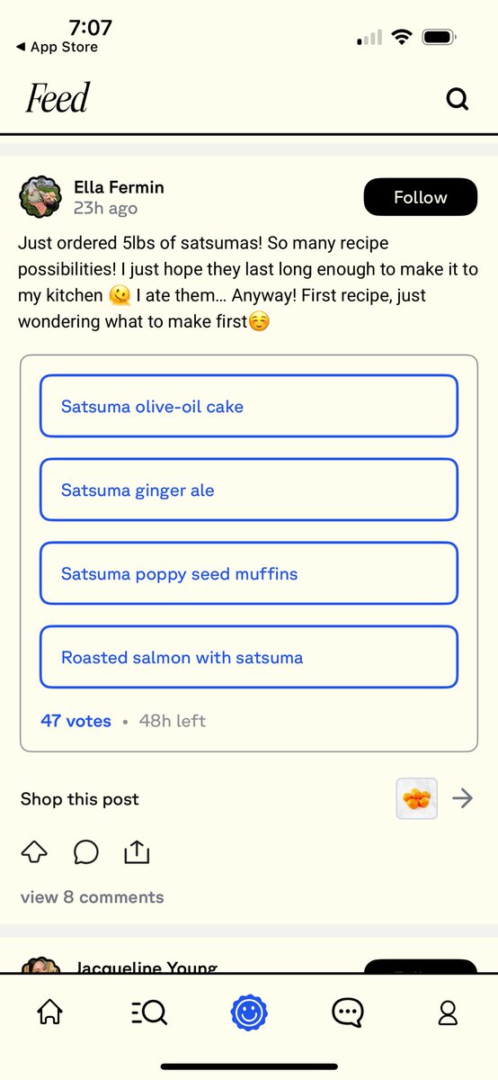 I know an app gets me when I open it up and it is all about promoting Satsumas. I order 10 lbs at a time and never have a chance for recipes since I just eat through the whole batch. Yum 🍊 Anyway - nice work @tryfeedapp! Very cool new social/personalized shopping experience