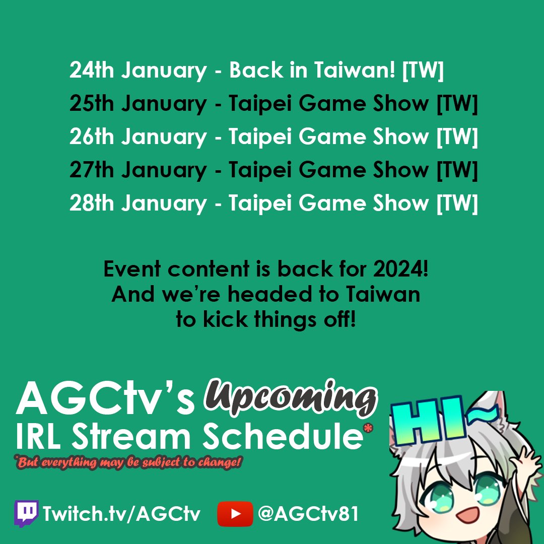 Back to event content really soon! And we're headed to Taiwan for the Taipei Game Show and another (non-streamable) event too! Be sure to follow on Twitch.tv/AGCTV to watch the fun live! #twitch #livestream #event #irl #travel