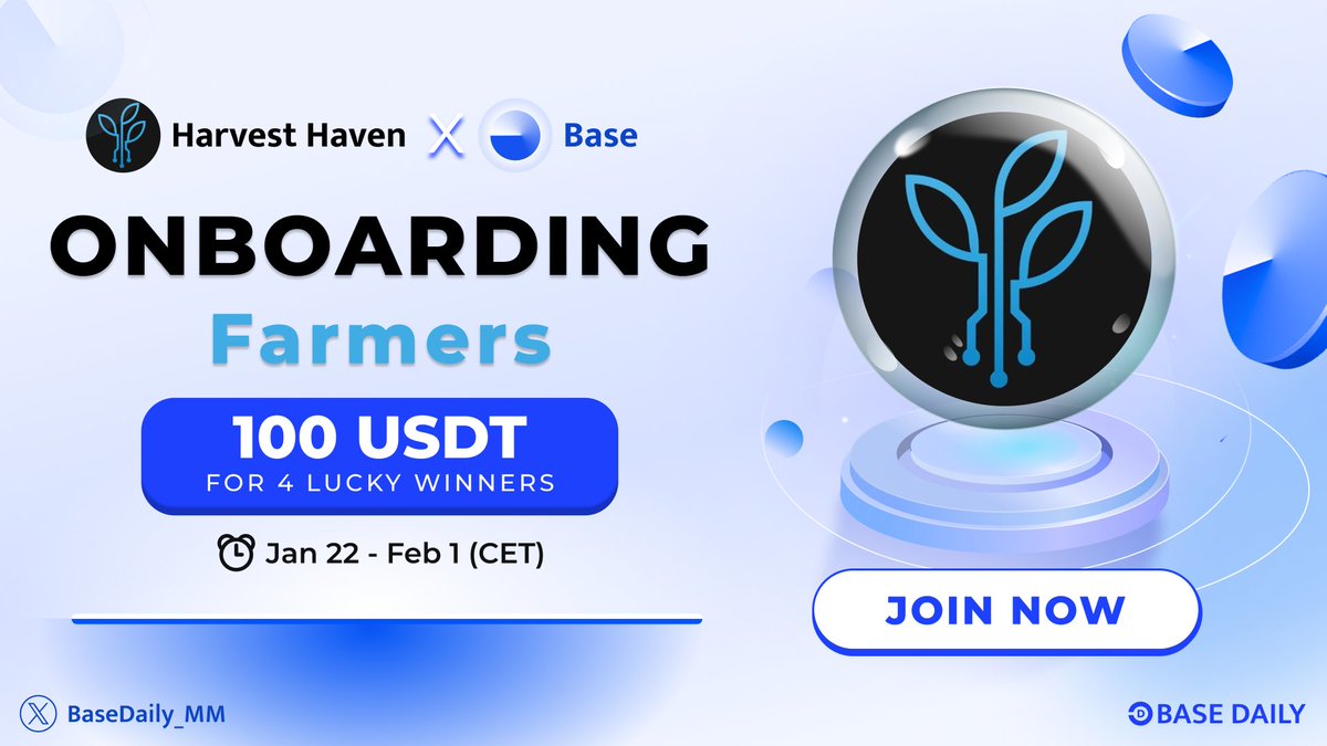Base Daily (@basedaily_mm) on Twitter photo ๐ Exciting news! @harvesthaven__ is now Onboarding Farmers ๐ฉโ๐พ
Join the Onboarding Campaign by Harvest Haven, an on-chain protocol maximizing yields & rewards on @Base
๐ 100 USDT for 4 lucky winners
โฐ Jan 22 - Feb 1 (CET)
๐ Join now: app.questn.com/quest/86366003โฆ
#Base #giveaway ๐ Exciting news! @harvesthaven__ is now Onboarding Farmers ๐ฉโ๐พ
Join the Onboarding Campaign by Harvest Haven, an on-chain protocol maximizing yields & rewards on @Base
๐ 100 USDT for 4 lucky winners
โฐ Jan 22 - Feb 1 (CET)
๐ Join now: app.questn.com/quest/86366003โฆ
#Base #giveaway