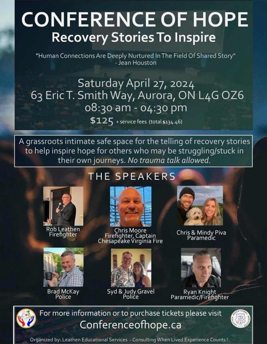 Saturday April 27, 2024, is the Conference Of Hope. Join this great group, sharing their stories of recovery. Visit conferenceofhope.ca to learn more.