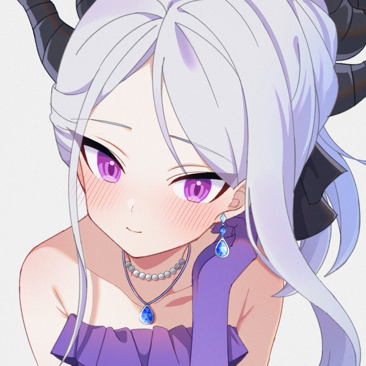 hina (blue archive) ,hina (dress) (blue archive) 1girl jewelry solo horns purple eyes dress necklace  illustration images