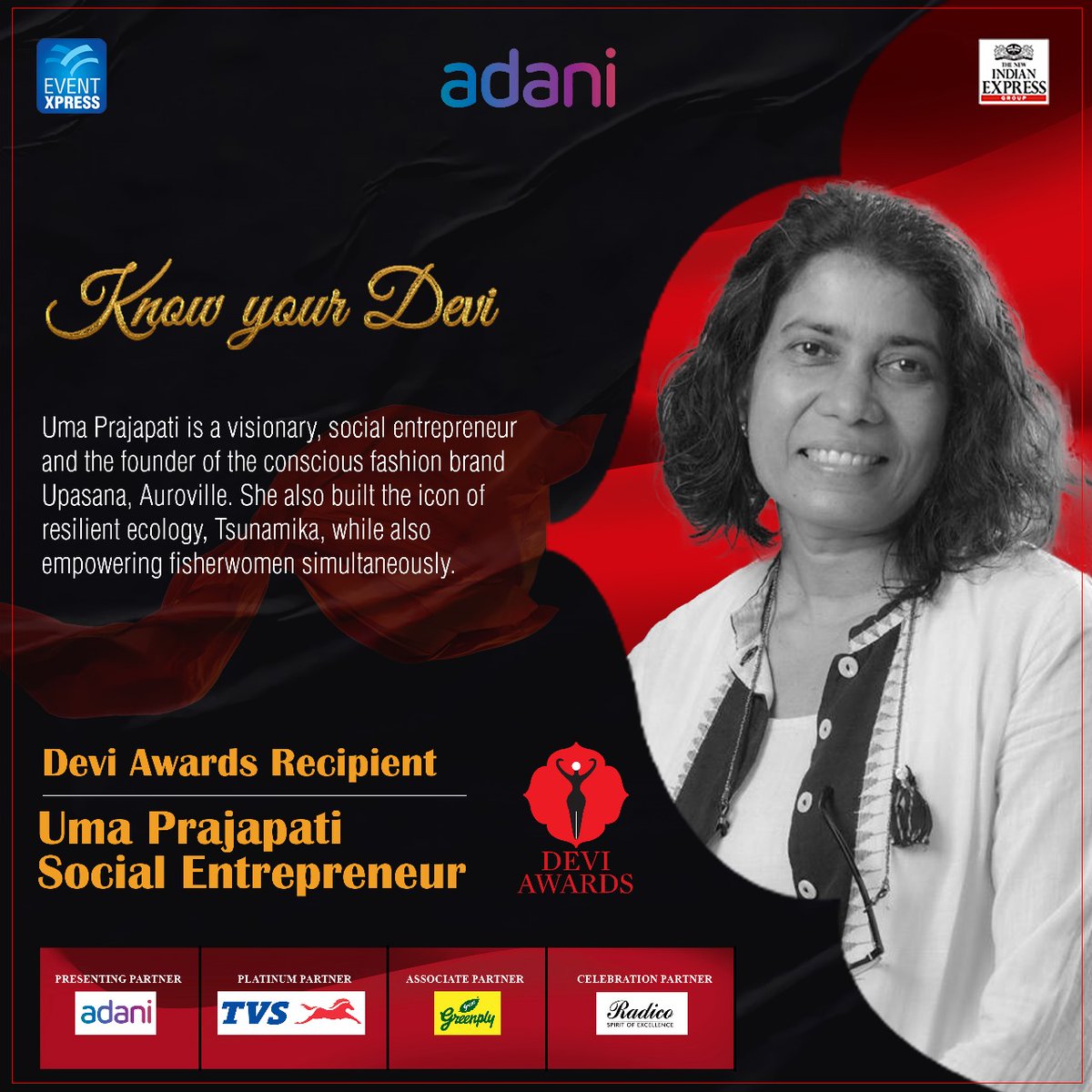 #KnowYourDevi

Uma Prajapati | Social entrepreneur 

Prajapati has designed many social projects, making them self-sustainable.

@PrabhuChawla
@AdaniOnline
@Siba_TNIE
@santwana99