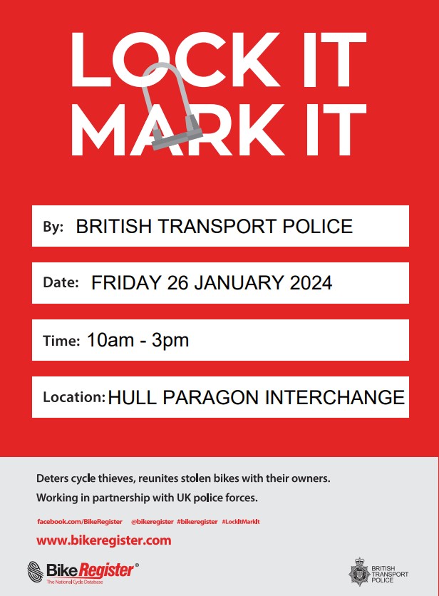 The @BTP will be holding a cycle marking event to help deter cycle theft and reunite bikes with their owners 🚲

The free session takes place on:

🗓️ Friday 26 January
🕙 10am-3pm
📍 Hull Paragon Interchange

#LockItMarkIt #BikeRegister