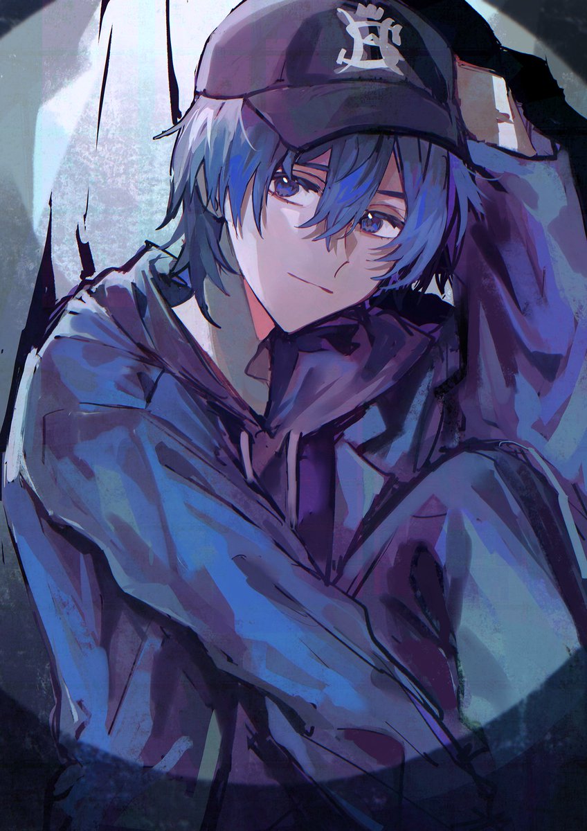 1boy male focus hat solo blue hair blue eyes hood  illustration images