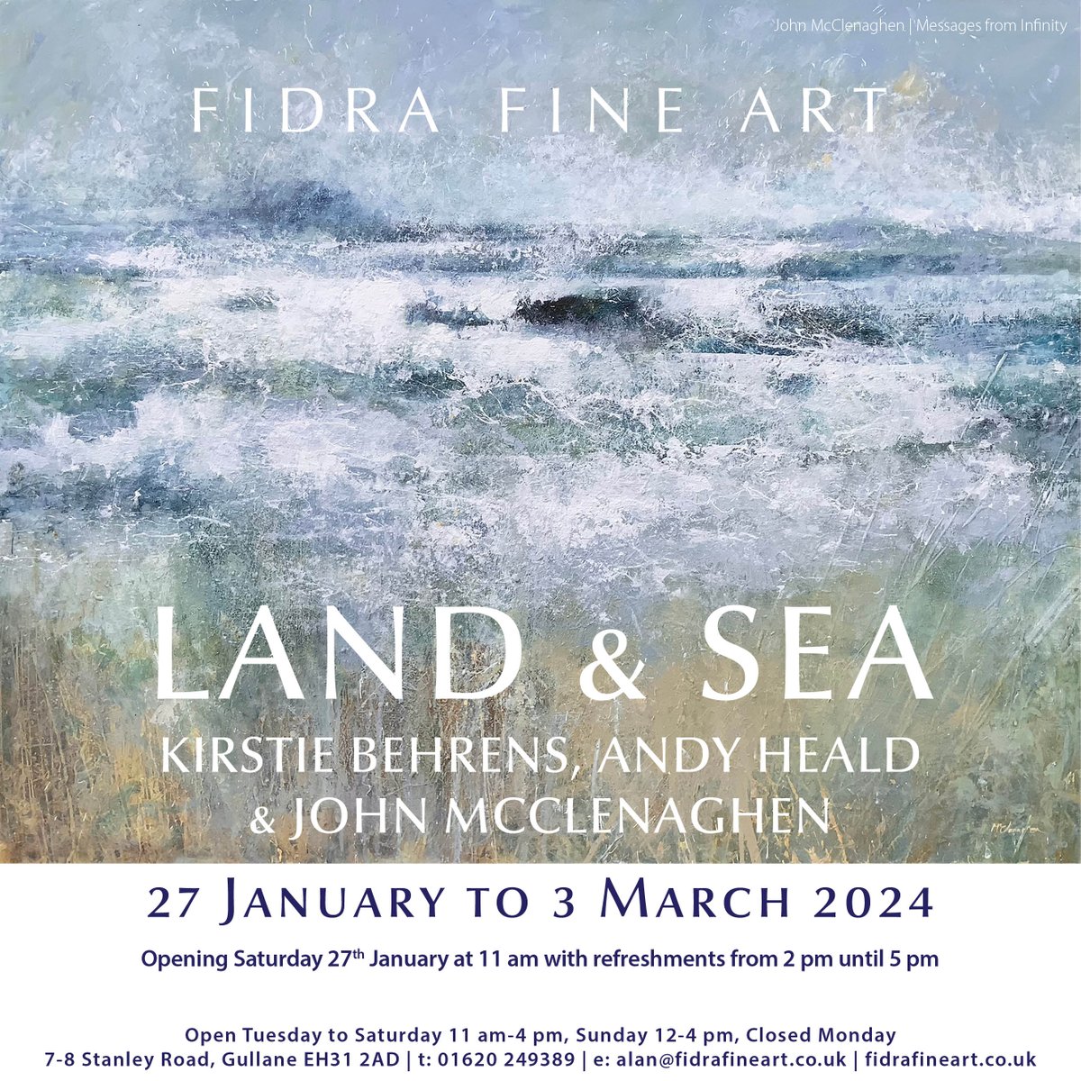 Closed this week for rehanging. Open again Sat 27 Jan with Land & Sea - Kirstie Behrens, Andy Heald & John McClenaghen.

Pictured: John McClenaghen
Messages from Infinity
Acrylic on Canvas
80x100cm

#johnmcclenaghen #landscape #seascape #scottishart #expressiveart