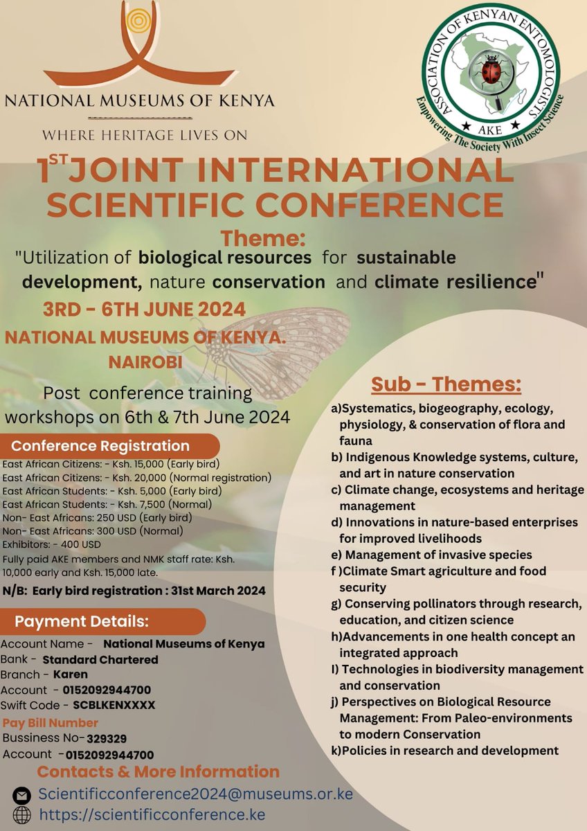 National Museums of Kenya (NMK), in collaboration with the Association of Kenyan Entomologists (AKE), is delighted to announce the 1st Joint International Scientific Conference scheduled to take place from 3rd to 6th June, 2024, at the NMK HQ, Nairobi. scientificconference.ke