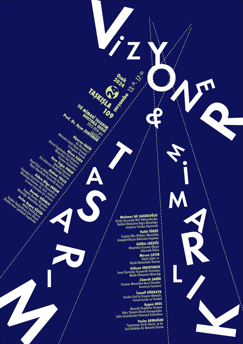 İTÜ Mimari Tasarım Doktora Programı “Vizyoner Tasarım ve Mimarlık” dersinin 2023-2024 Güz YY Semineri, 24 Ocak 13.30-17.00’de Taşkışka, 109’da. Bu dönemin odağı, Vizyoner Tasarım ve Mimarlık doğrultusunda DEĞİŞİM VE DÖNÜŞÜMÜN DİNAMİKLERİ. Bekleriz…
