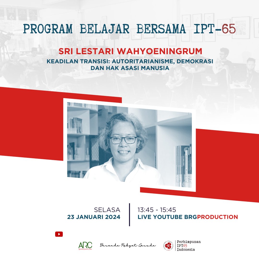 Haloo guysss🎉 Untuk sesi Kedua(Masih Berlangsung) Selasa 23 Januari 2024 15:05-15:45 Sri Lestari Wahyoeningrum Keadilan Transisi: autoritarianisme, demokrasi dan hak asasi manusia. ini dia link streamingnya:) youtube.com/live/TqkhcTdrw… Terimakasih